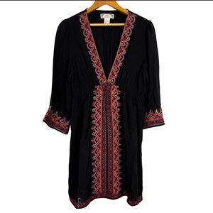 WD.NY Large Tunic Black & Red Embroidered Boho V-Neck Western Rayon Midi Dress